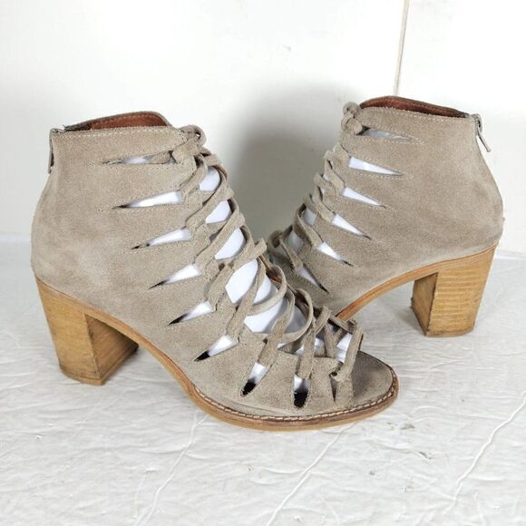 Jeffrey Campbell Women's Corwin US8 Taupe Suede Open Toe Lace-up Ankle Booties - Picture 8 of 14